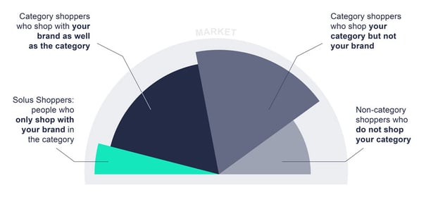 Share-of-wallet-graphic that shows the four main customer groups—Solus Shoppers, Category Shoppers who shop your brand, Category Shoppers who do not shop your brand and Non-category Shoppers.