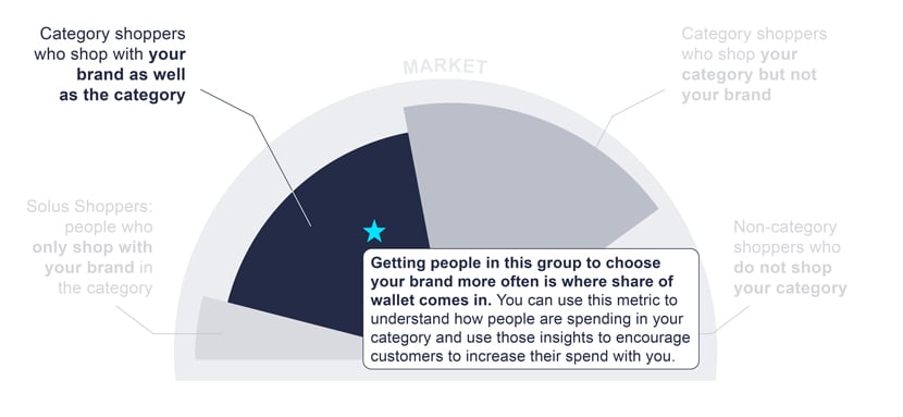 Share-of-wallet graphic highlighting the category shopper who shop with your brand as well as the category.