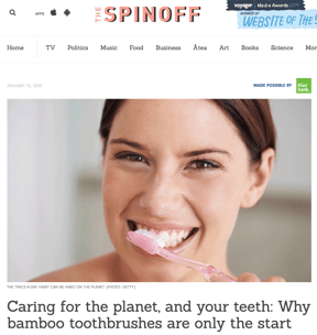 Spinoff article feature image of a woman brushing her teeth. Title: Caring for the planet, and your teeth: Why bamboo toothbrushes are only the start.