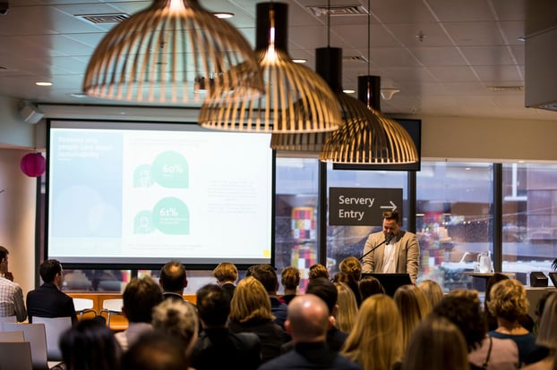 James Walker of Porter Novelli presents the In Good Company report to the industry crowd.
